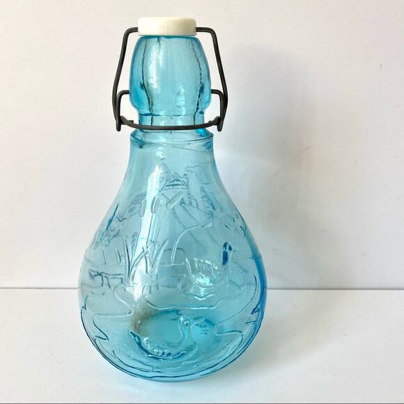 Vintage Embossed Blue Glass Bottle Made in Italy Donkey Duck Scene 8 1/2 inches - Picture 1 of 8